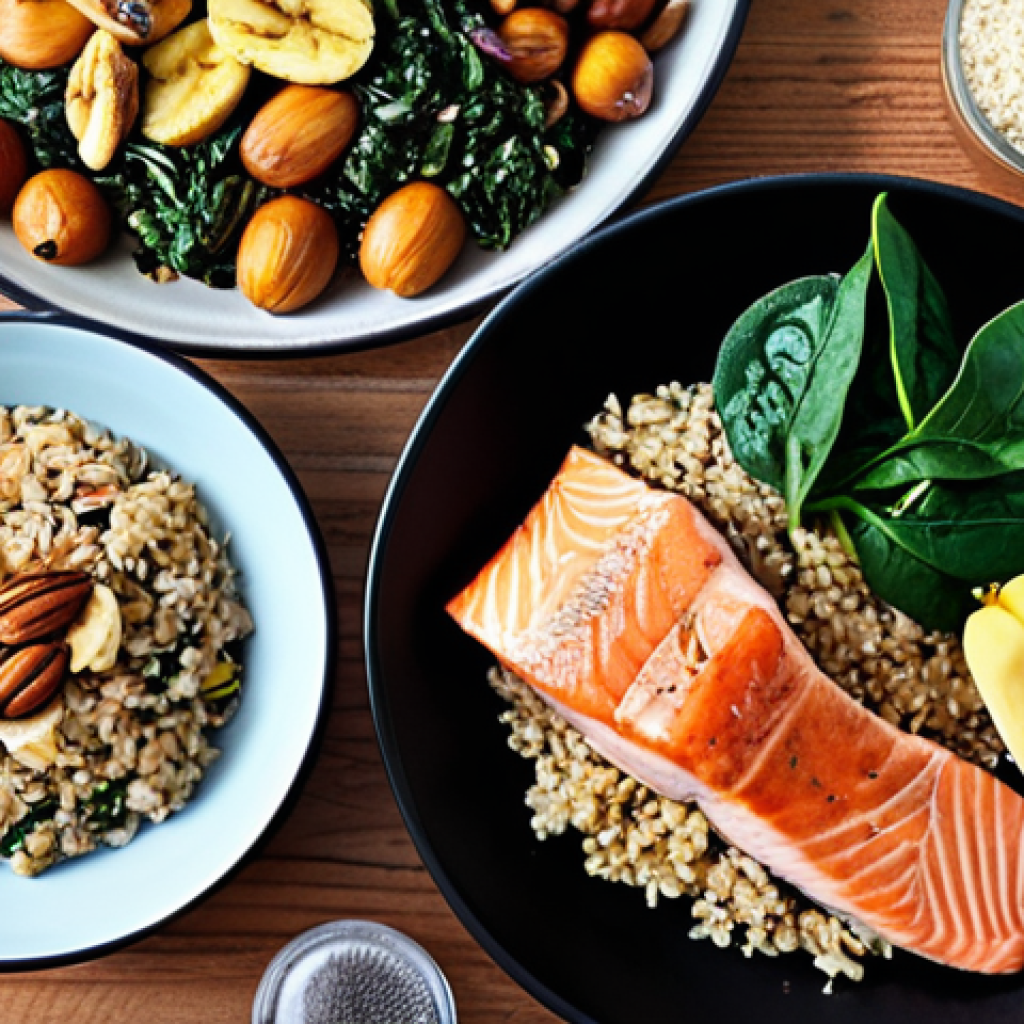 **

A vibrant, colorful flat lay featuring foods rich in tryptophan, B vitamins, and complex carbohydrates. Include items like grilled salmon, roasted turkey breast, brown rice, quinoa, spinach, bananas, and a handful of mixed nuts. The setting should be a bright, inviting kitchen counter.

**