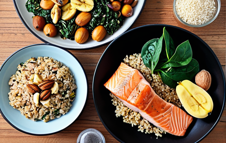 **

A vibrant, colorful flat lay featuring foods rich in tryptophan, B vitamins, and complex carbohydrates. Include items like grilled salmon, roasted turkey breast, brown rice, quinoa, spinach, bananas, and a handful of mixed nuts. The setting should be a bright, inviting kitchen counter.

**