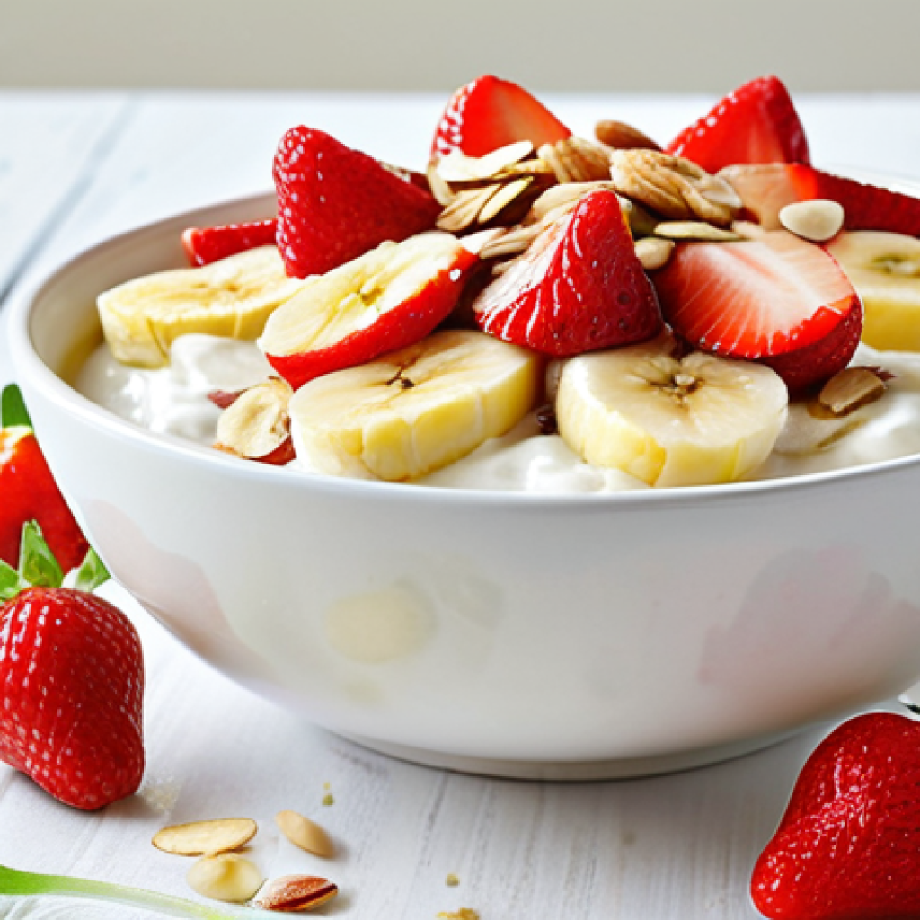 ** A beautifully arranged breakfast bowl. The bowl contains Greek yogurt topped with sliced bananas, fresh strawberries, a drizzle of honey, and a sprinkle of chopped almonds. The background should be bright and airy, suggesting a healthy and happy start to the day.

**