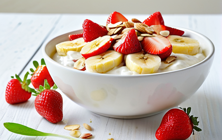 ** A beautifully arranged breakfast bowl. The bowl contains Greek yogurt topped with sliced bananas, fresh strawberries, a drizzle of honey, and a sprinkle of chopped almonds. The background should be bright and airy, suggesting a healthy and happy start to the day.

**